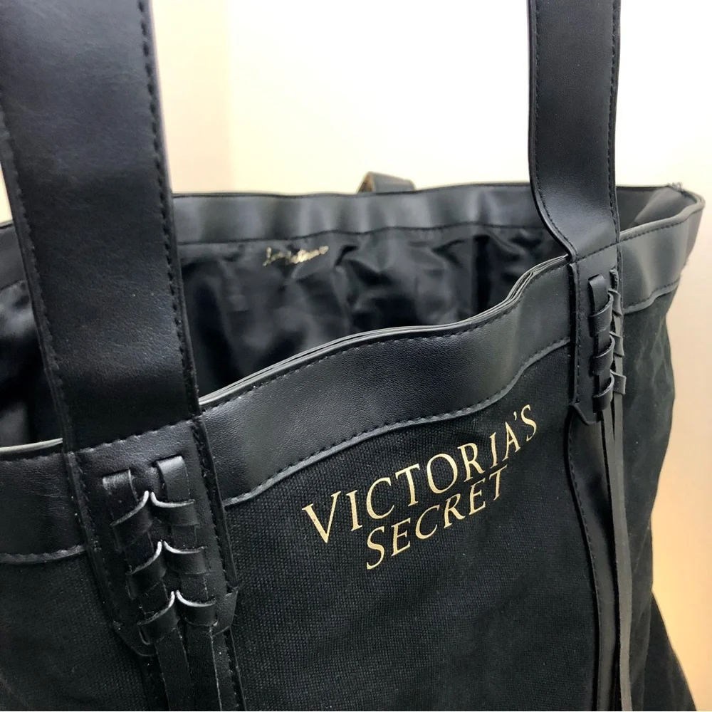Extra Large Victoria’s Secret Black VS Tote Bag Shoulder Gold Faux Leather - Picture 6 of 11